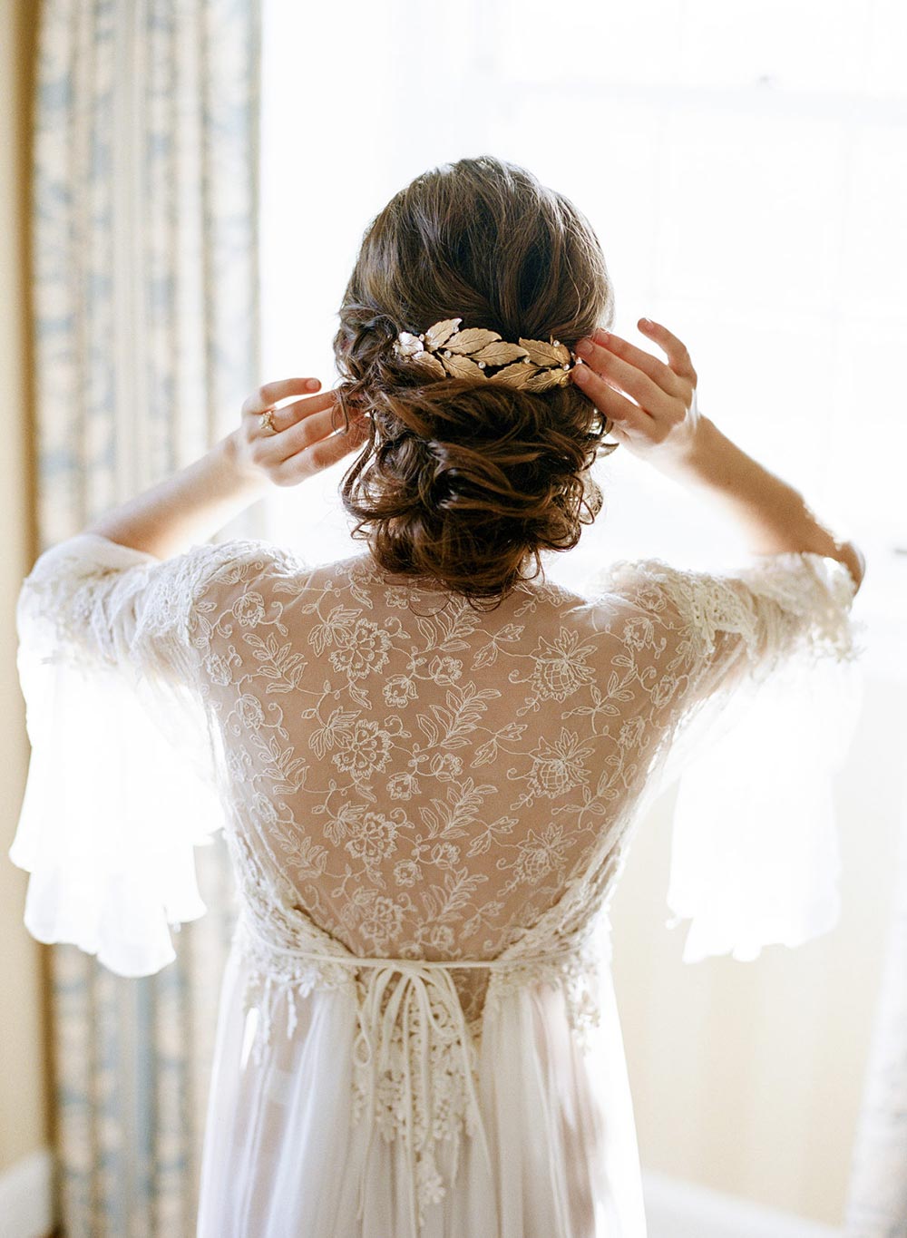 bridal tiara and lace robe